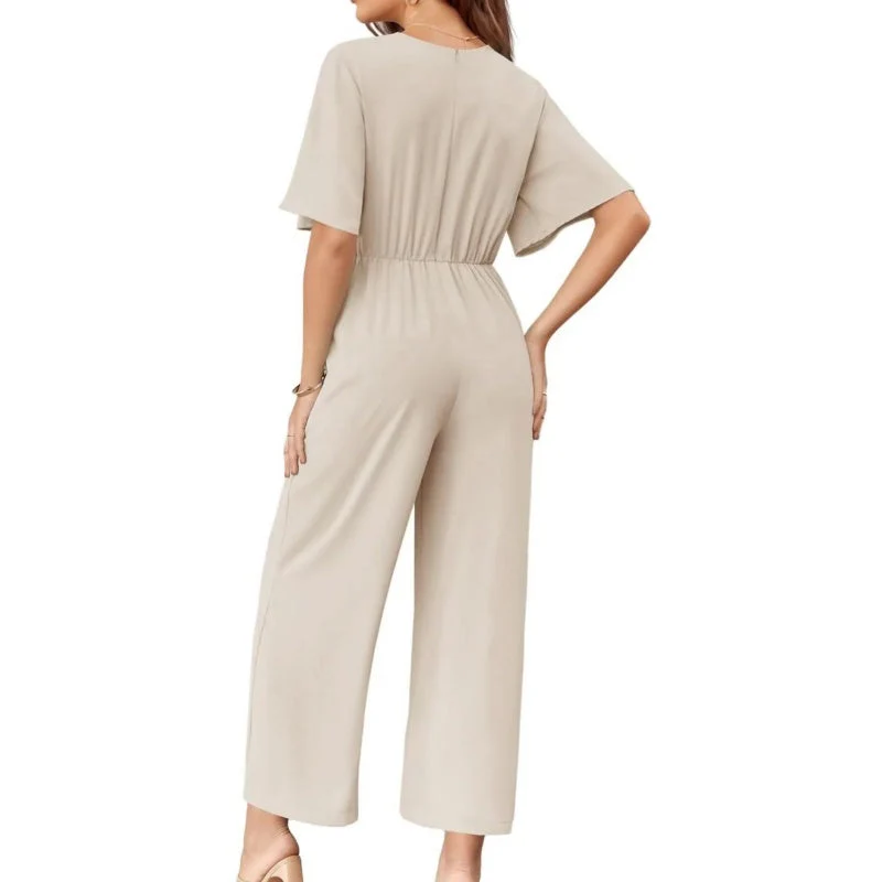 Women's Elegant V-Neck Wide Leg Waist Tie Jumpsuit